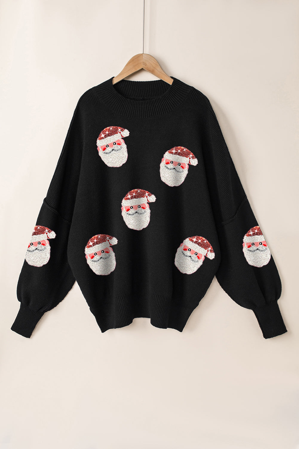 Black Sequined Santa Claus Cable Knit Open Cardigan