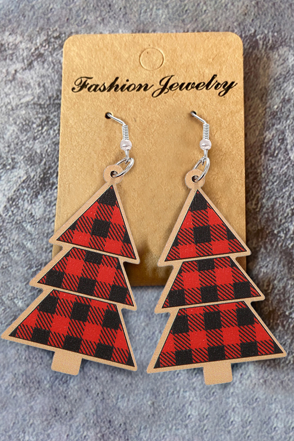 Fiery Red Shade Of Leopard Plaid Christmas Tree Earrings