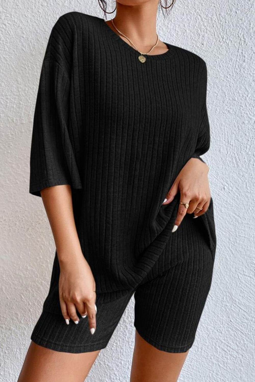 Ribbed Knit V Neck Slouchy Two-piece Outfit
