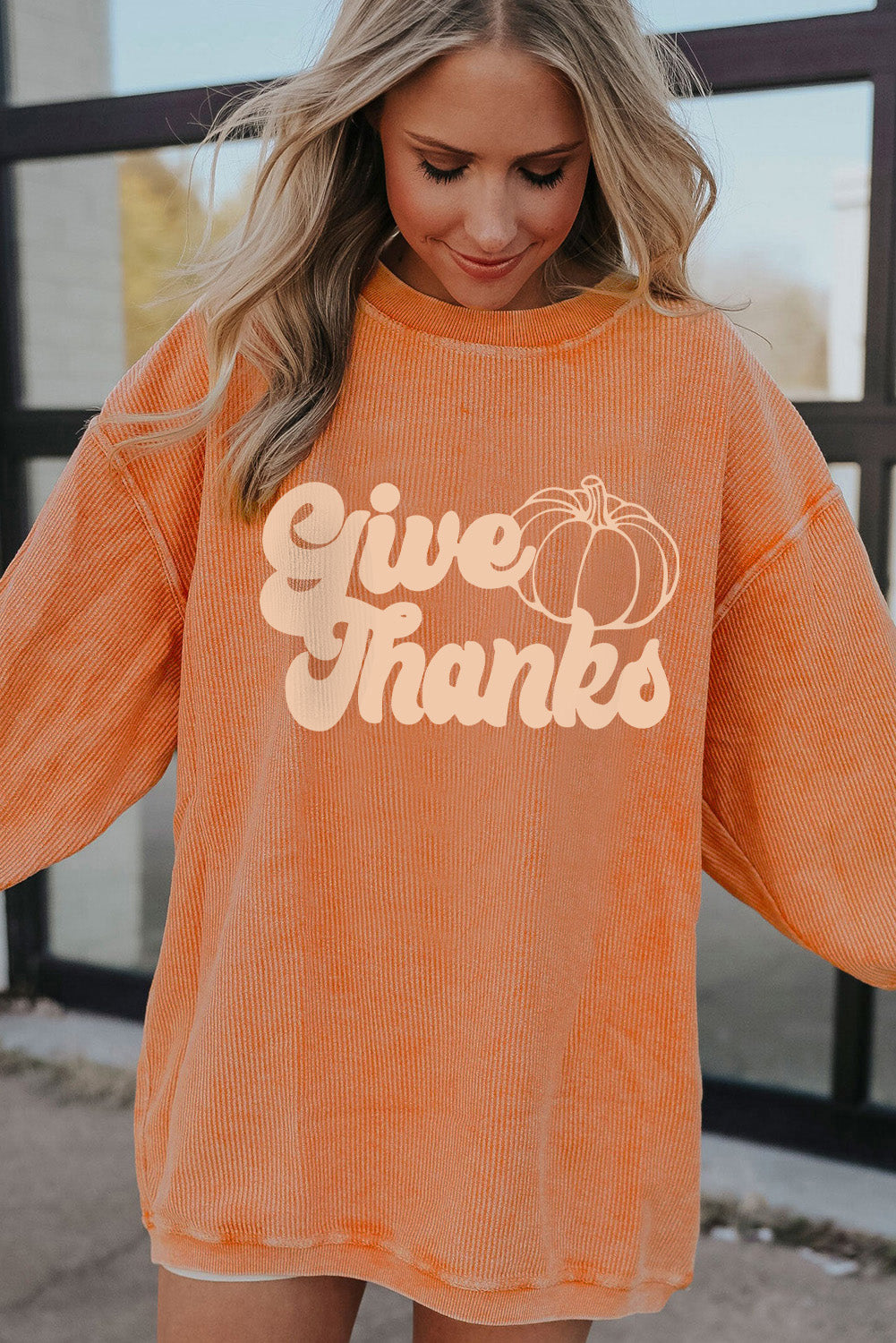 Orange HELLO PUMPKIN Letter Graphic Corded Sweatshirt