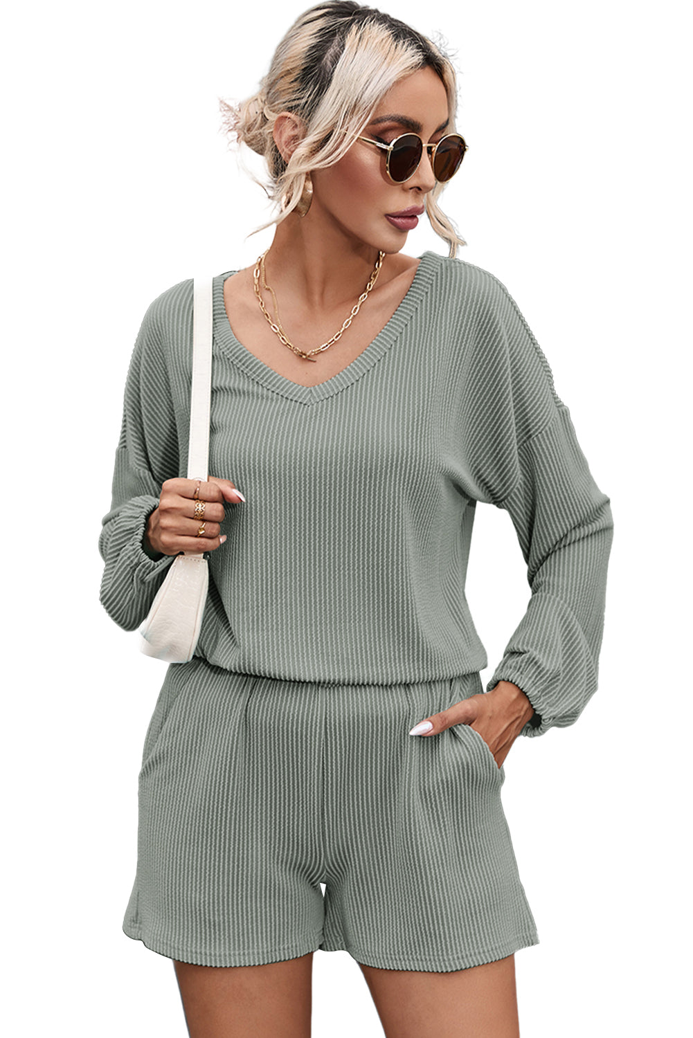 Corded V Neck Slouchy Top Pocketed Shorts Set