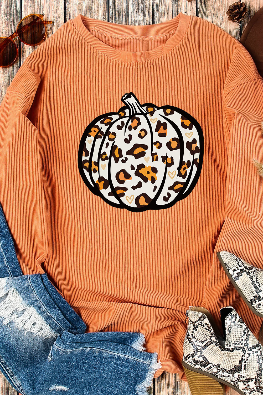 Orange HELLO PUMPKIN Letter Graphic Corded Sweatshirt
