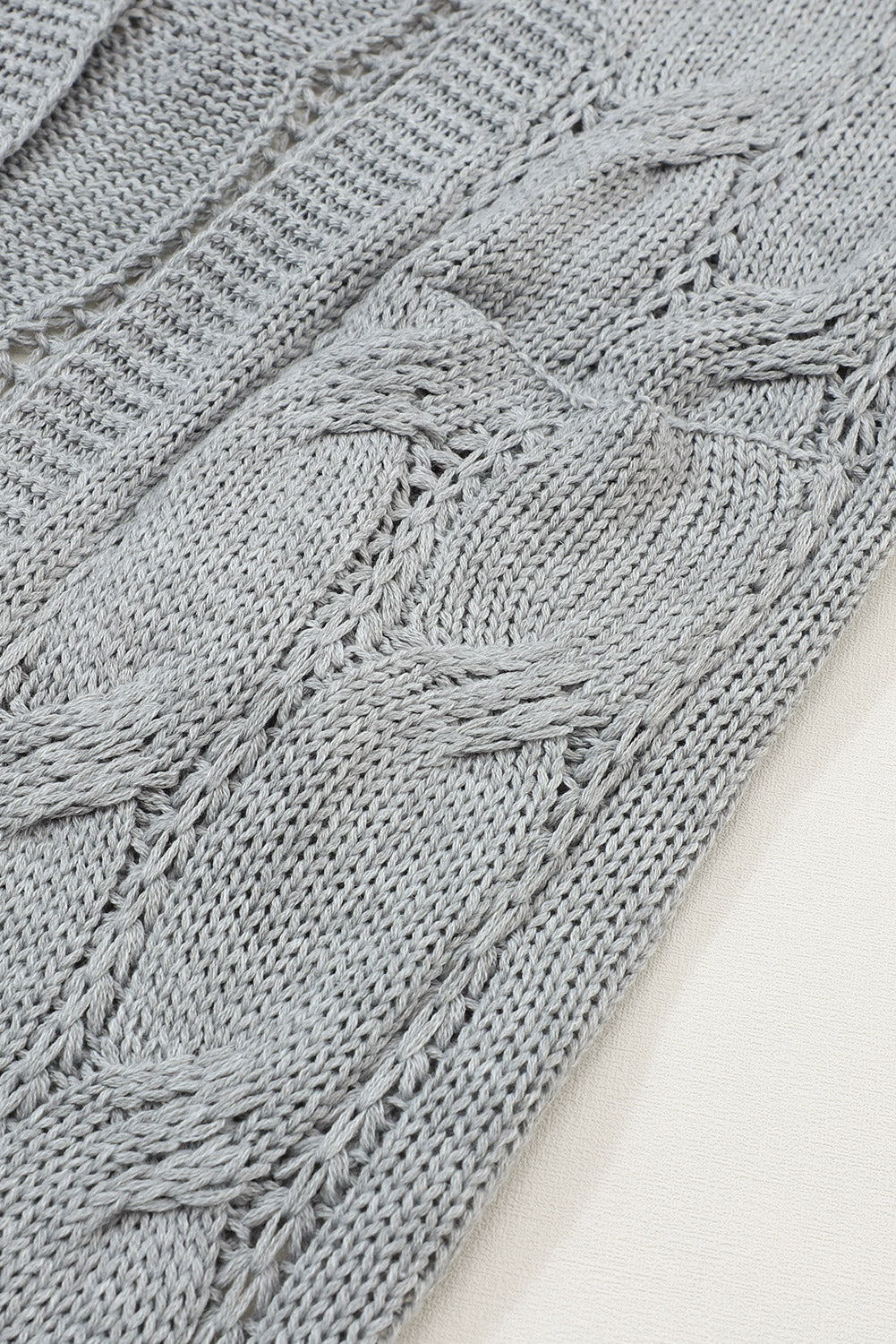Gray Ribbed Trim Eyelet Cable Knit Cardigan