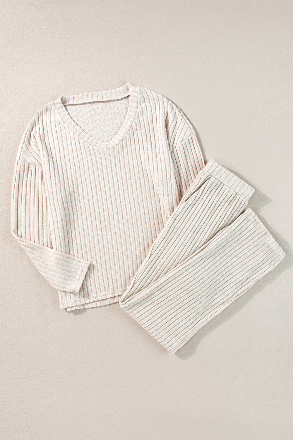 Ribbed Knit V Neck Slouchy Two-piece Outfit