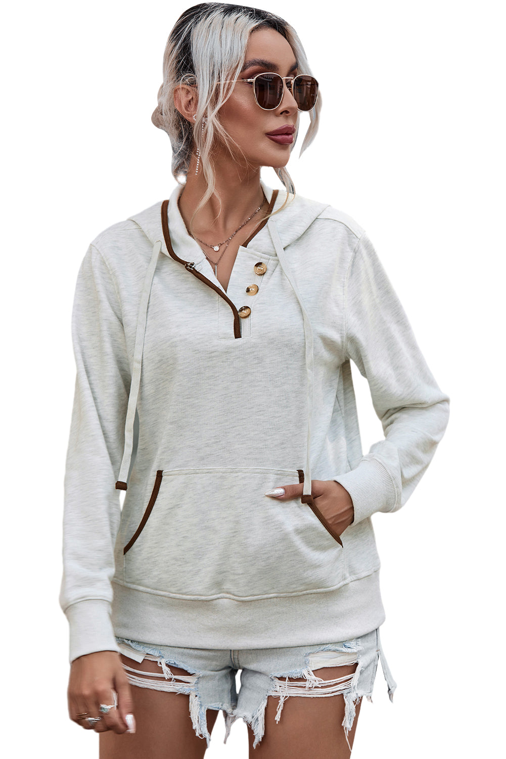 Beige Drawstring Kangaroo Pocket Henley Hoodie