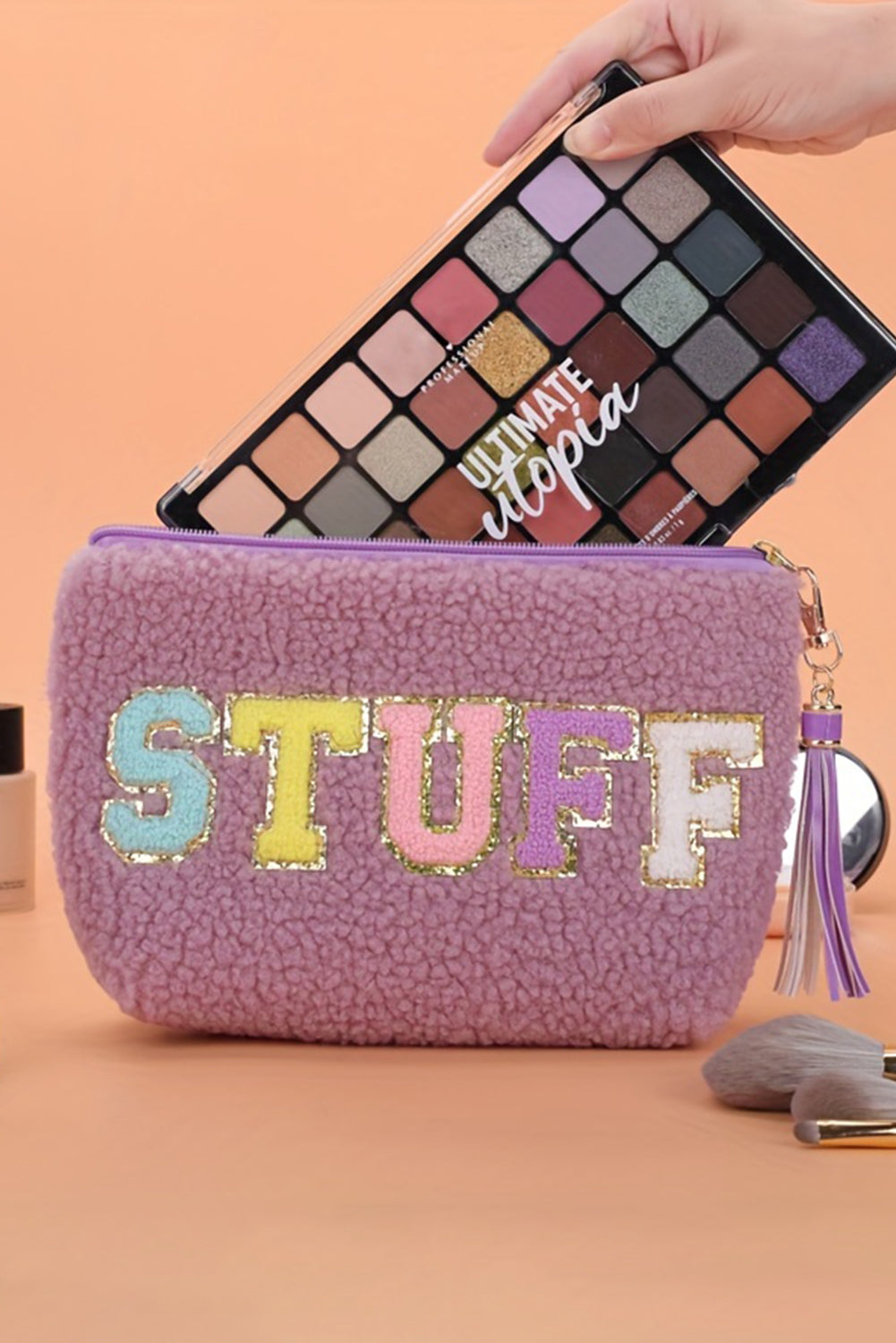 STUFF Sparkle Letter Pattern Tassel Zipper Makeup Bag
