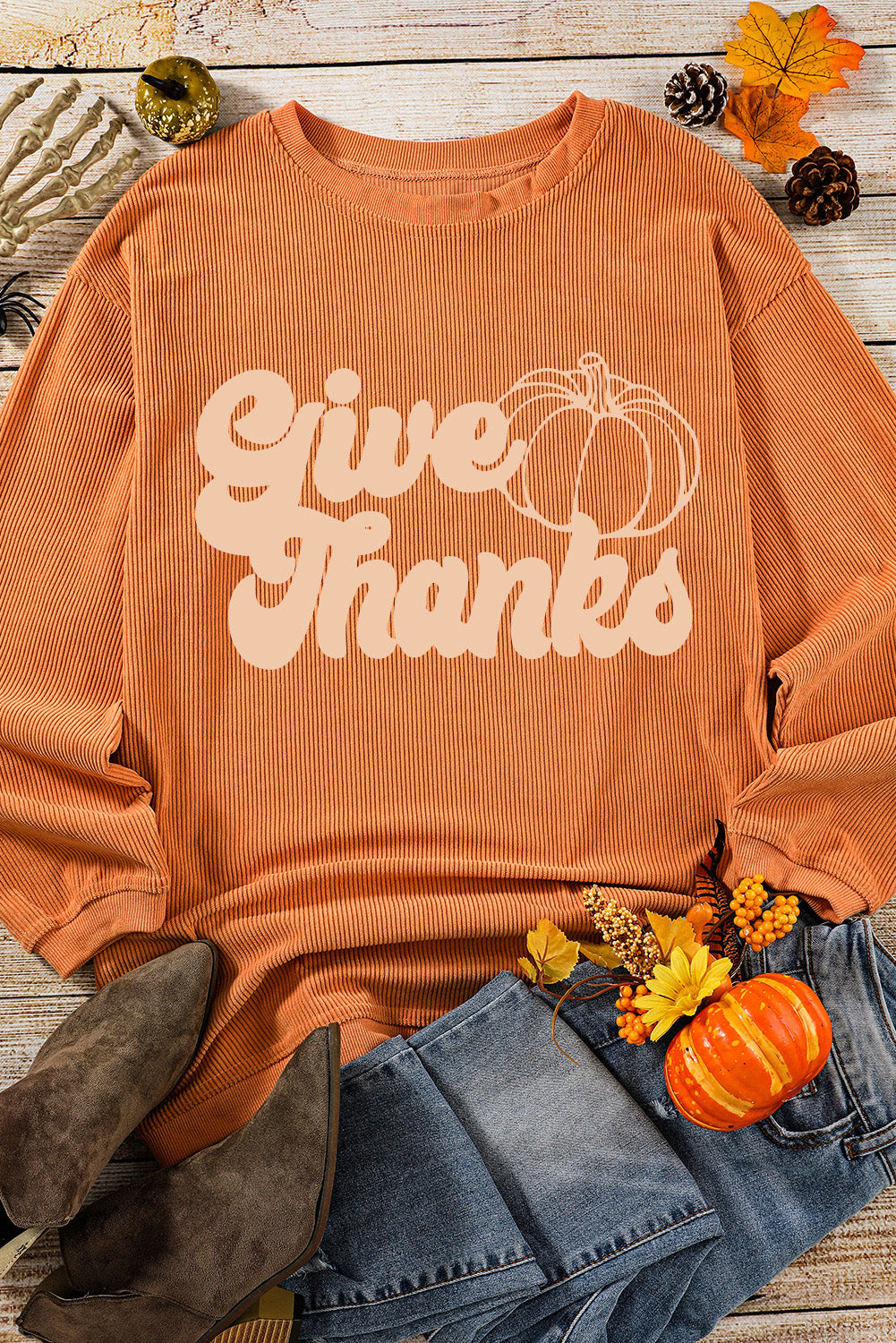 Orange HELLO PUMPKIN Letter Graphic Corded Sweatshirt