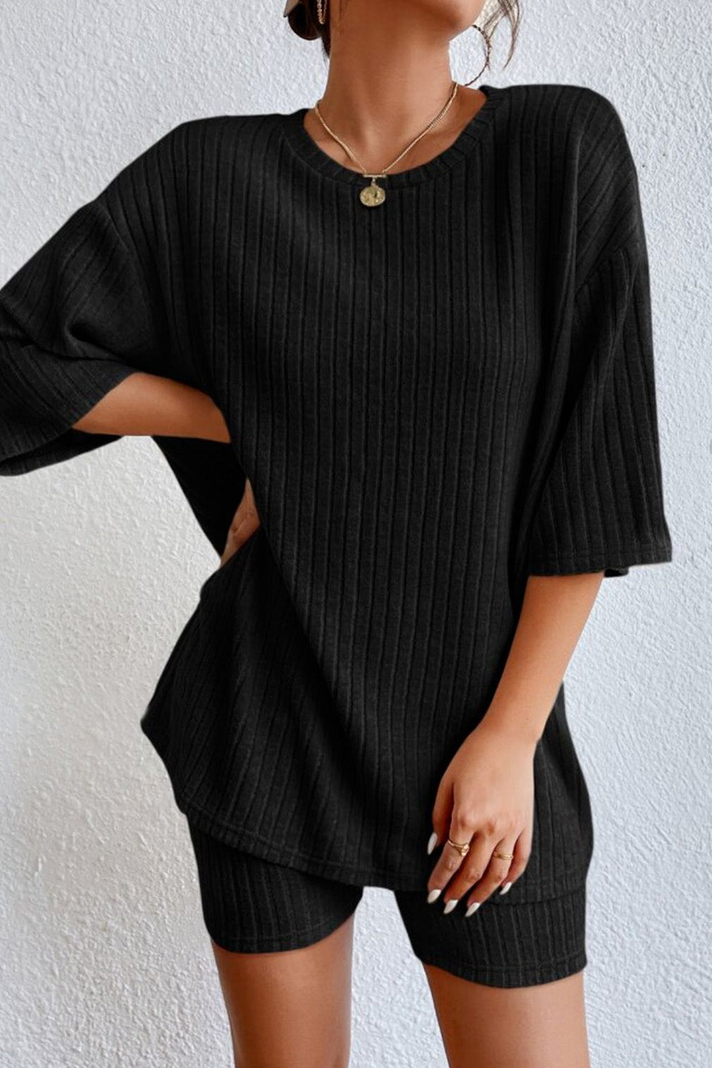 Ribbed Knit V Neck Slouchy Two-piece Outfit