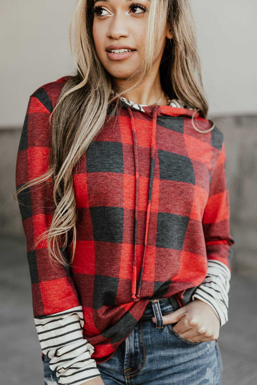 Fiery Red Plaid Patch Sleeve Leopard Christmas Tree Graphic Hoodie