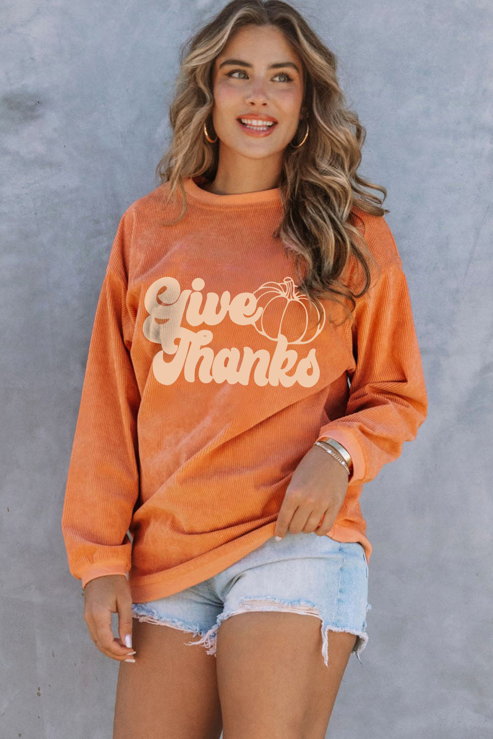 Orange HELLO PUMPKIN Letter Graphic Corded Sweatshirt
