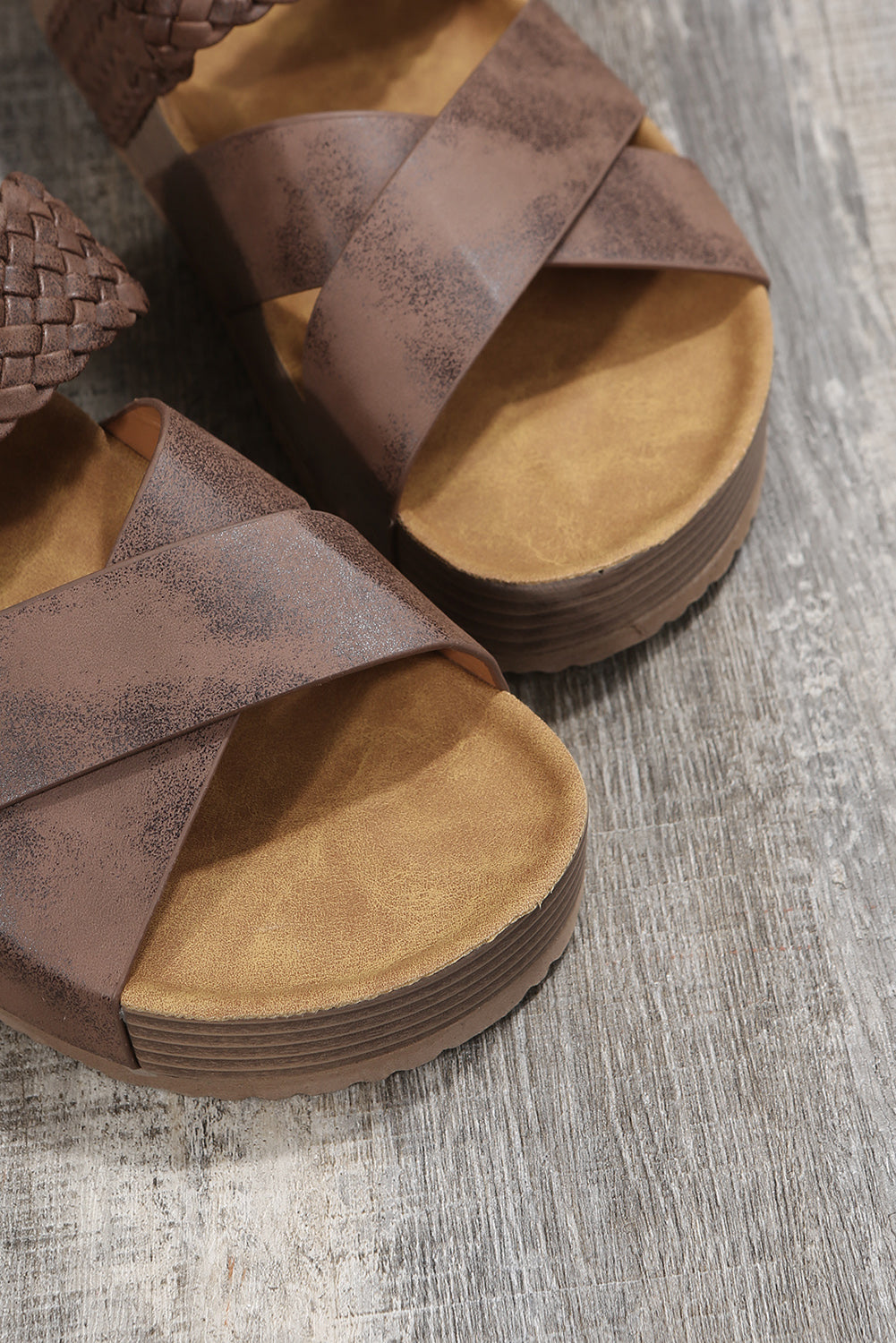 Brown Braided Detail Criss Cross Platform Sandal