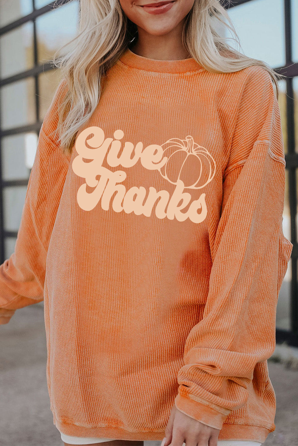 Orange HELLO PUMPKIN Letter Graphic Corded Sweatshirt