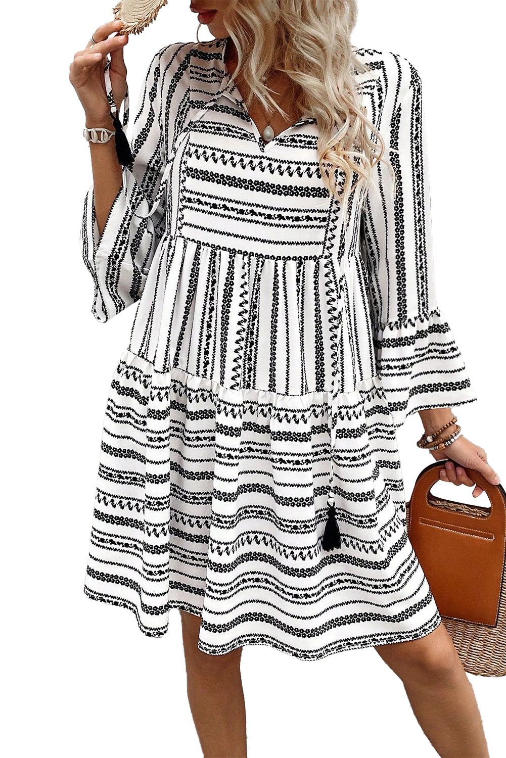Striped Fringe Tie Neck Bell Sleeve V Neck Mini Dress