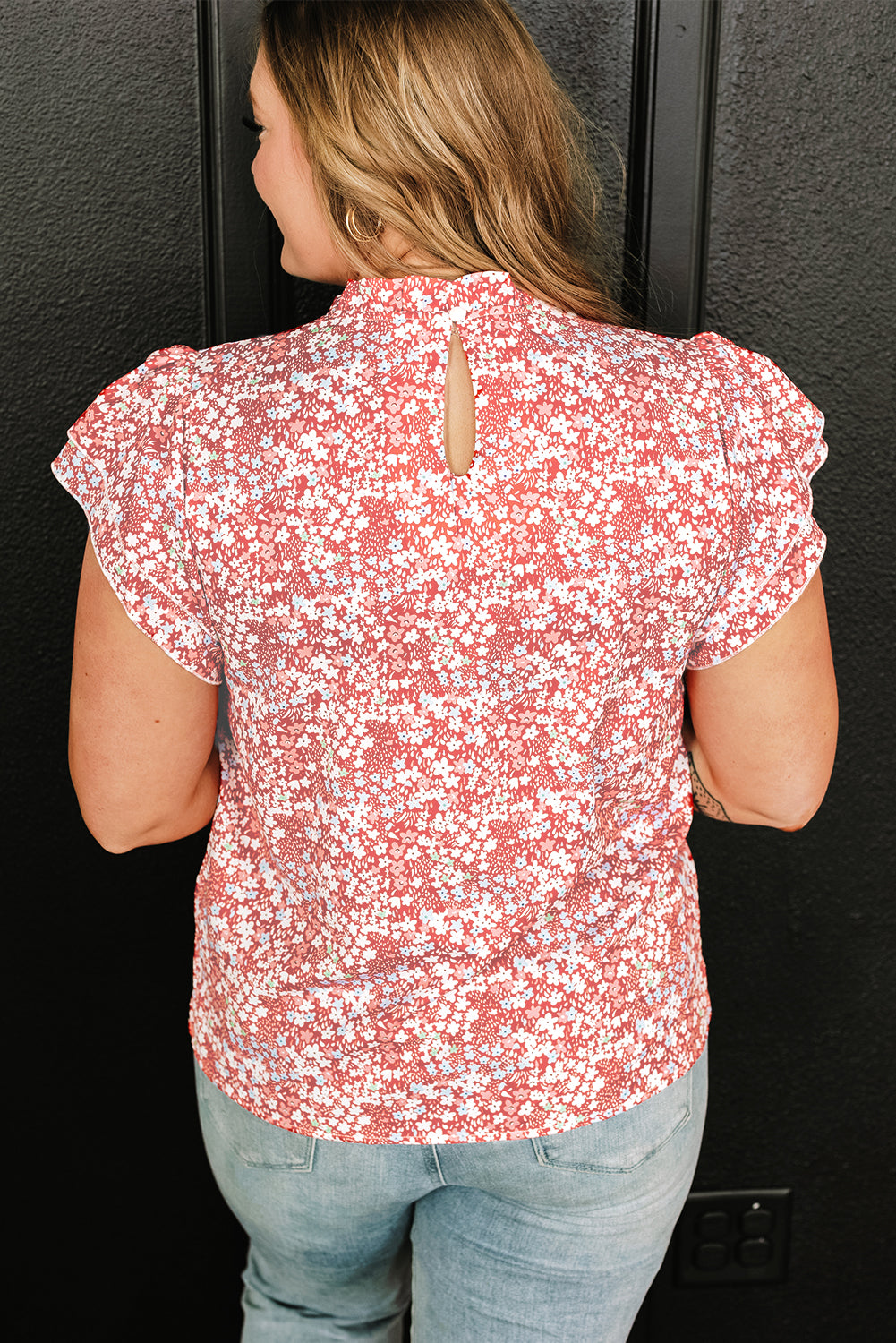Floral Print Ruffled Sleeve Frilled Neck Blouse