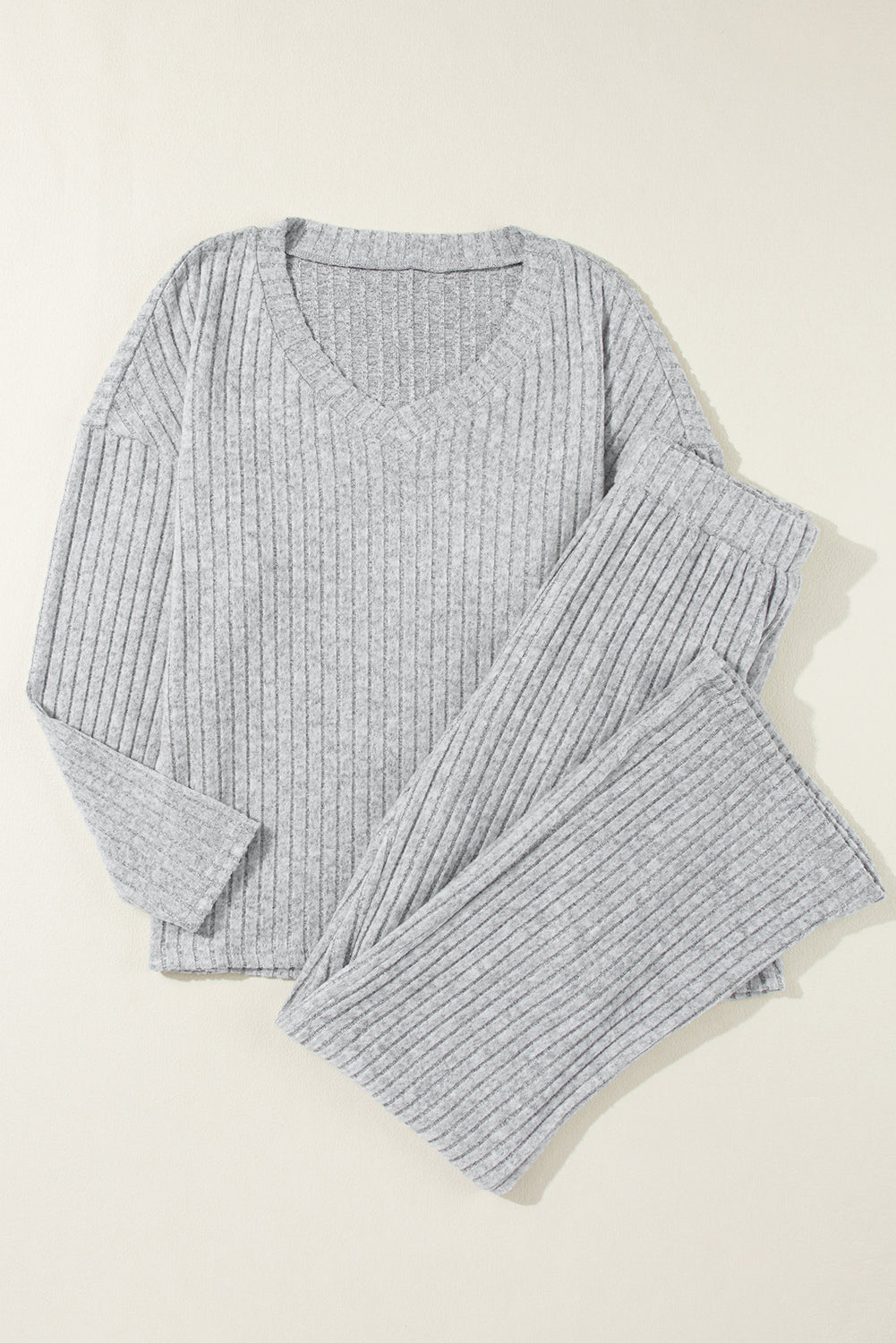 Ribbed Knit V Neck Slouchy Two-piece Outfit