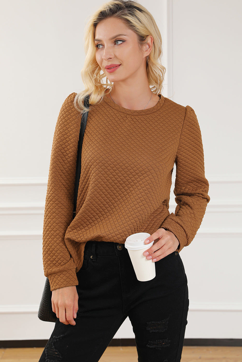Apricot Quilted Buttoned Neckline Stand Neck Pullover Sweatshirt