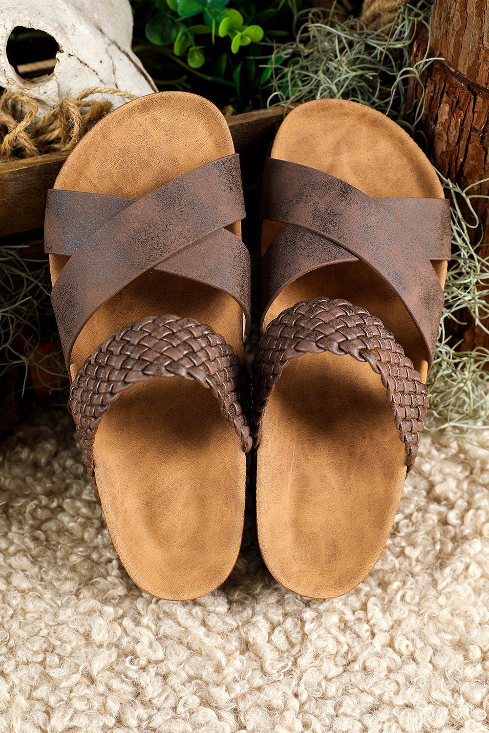 Brown Braided Detail Criss Cross Platform Sandal