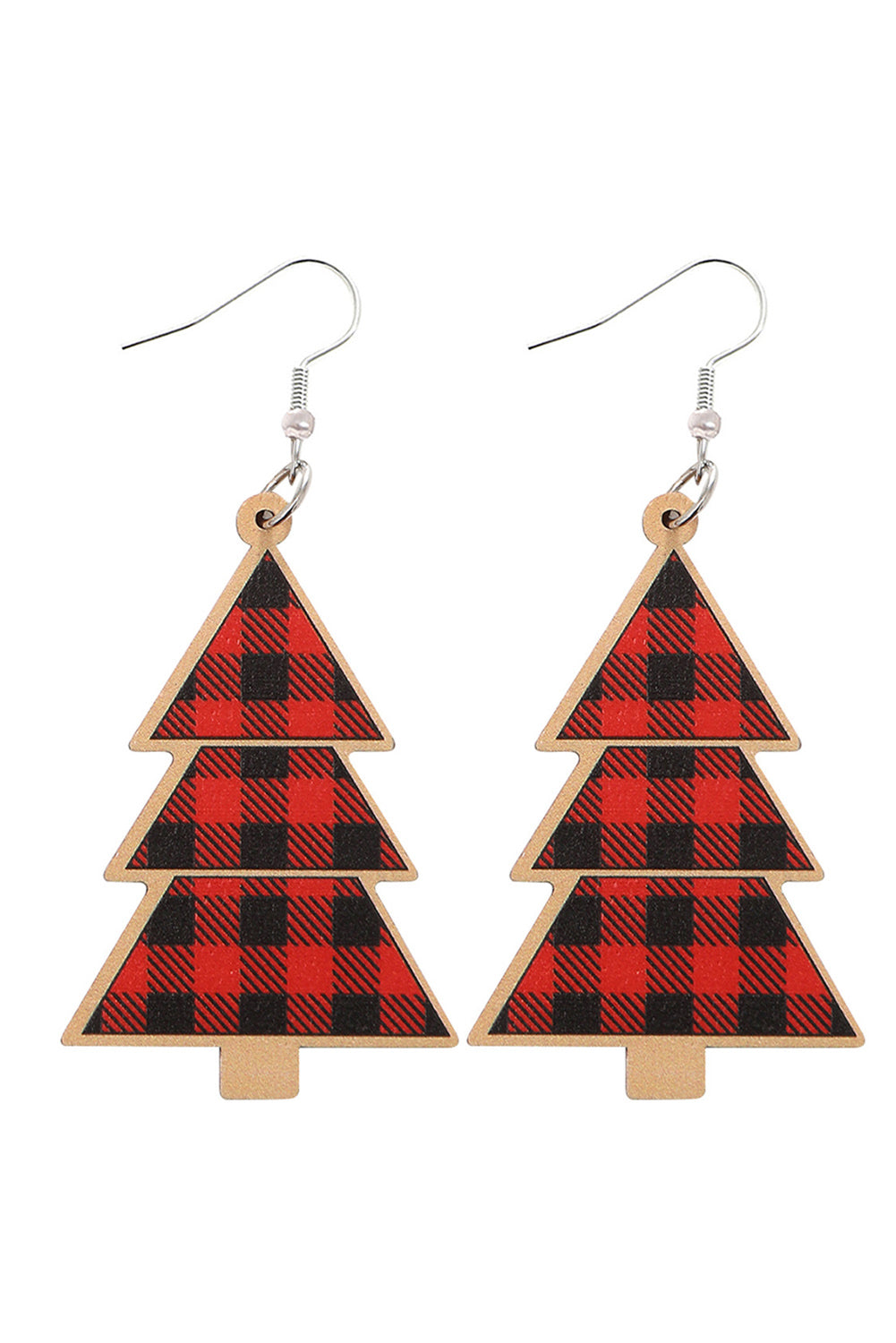Fiery Red Shade Of Leopard Plaid Christmas Tree Earrings