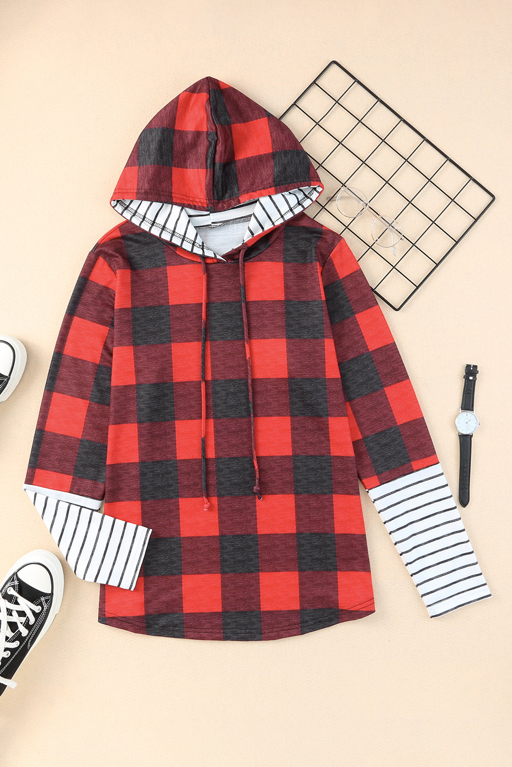 Fiery Red Plaid Patch Sleeve Leopard Christmas Tree Graphic Hoodie