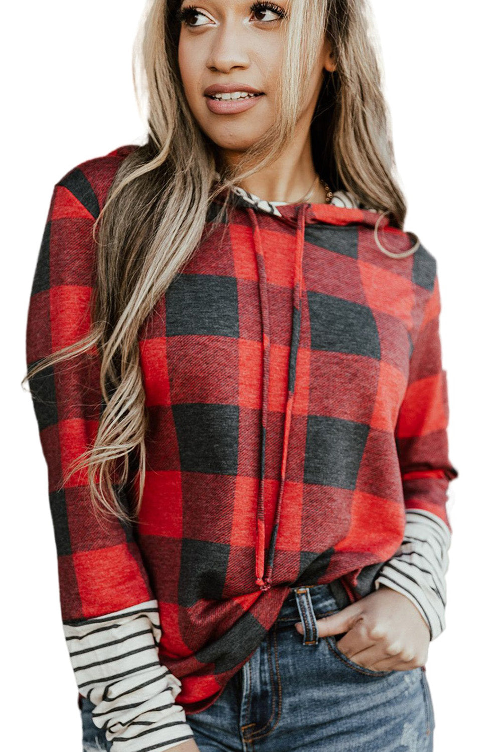 Fiery Red Plaid Patch Sleeve Leopard Christmas Tree Graphic Hoodie