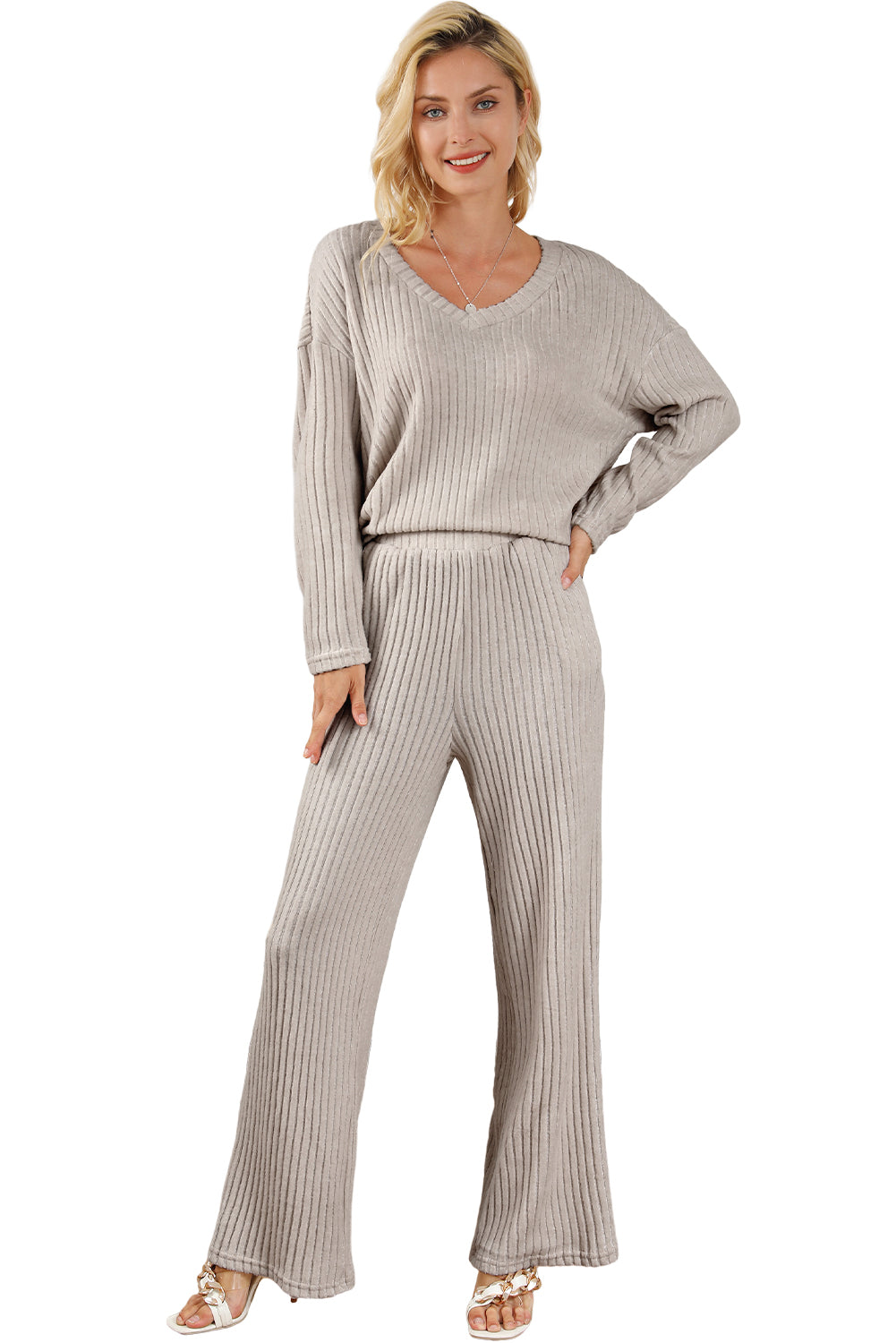 Ribbed Knit V Neck Slouchy Two-piece Outfit