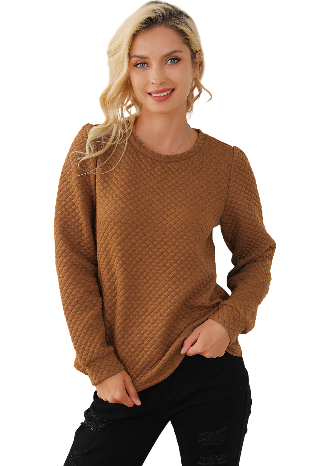 Apricot Quilted Buttoned Neckline Stand Neck Pullover Sweatshirt