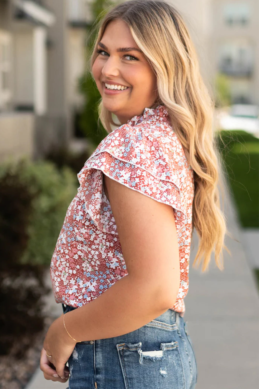 Floral Print Ruffled Sleeve Frilled Neck Blouse