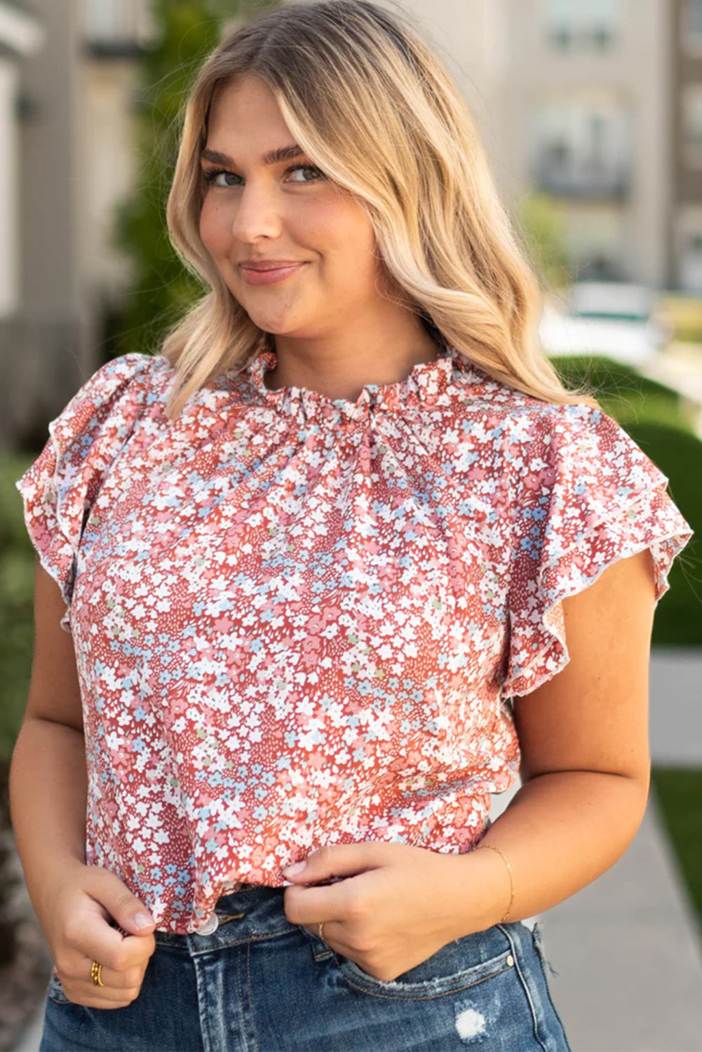 Floral Print Ruffled Sleeve Frilled Neck Blouse