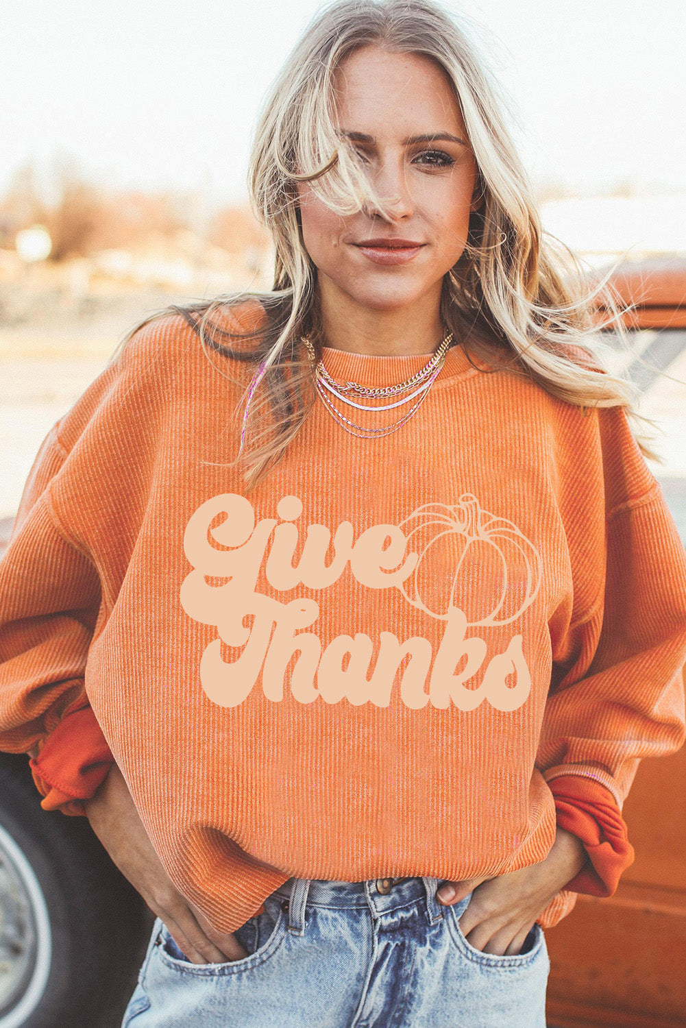 Orange HELLO PUMPKIN Letter Graphic Corded Sweatshirt