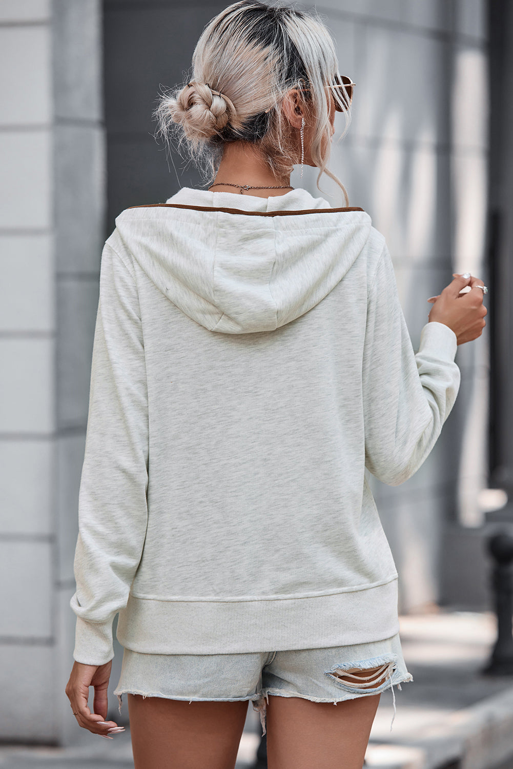 Beige Drawstring Kangaroo Pocket Henley Hoodie