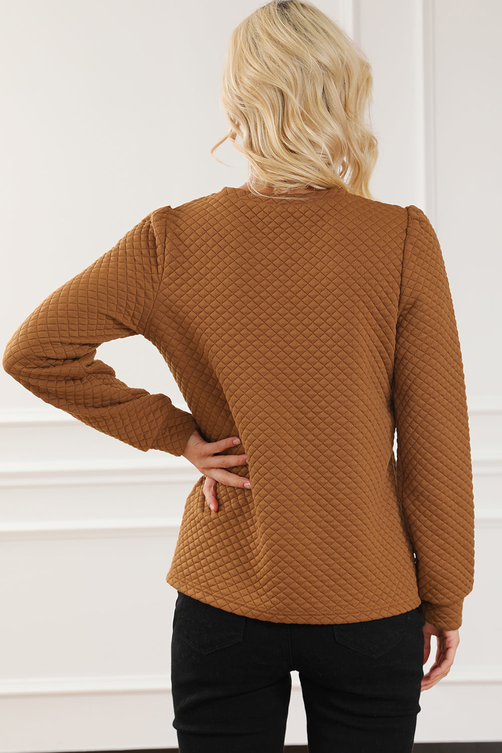 Apricot Quilted Buttoned Neckline Stand Neck Pullover Sweatshirt