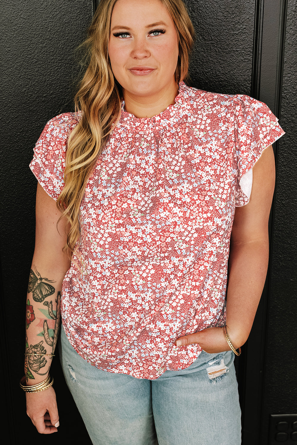 Floral Print Ruffled Sleeve Frilled Neck Blouse