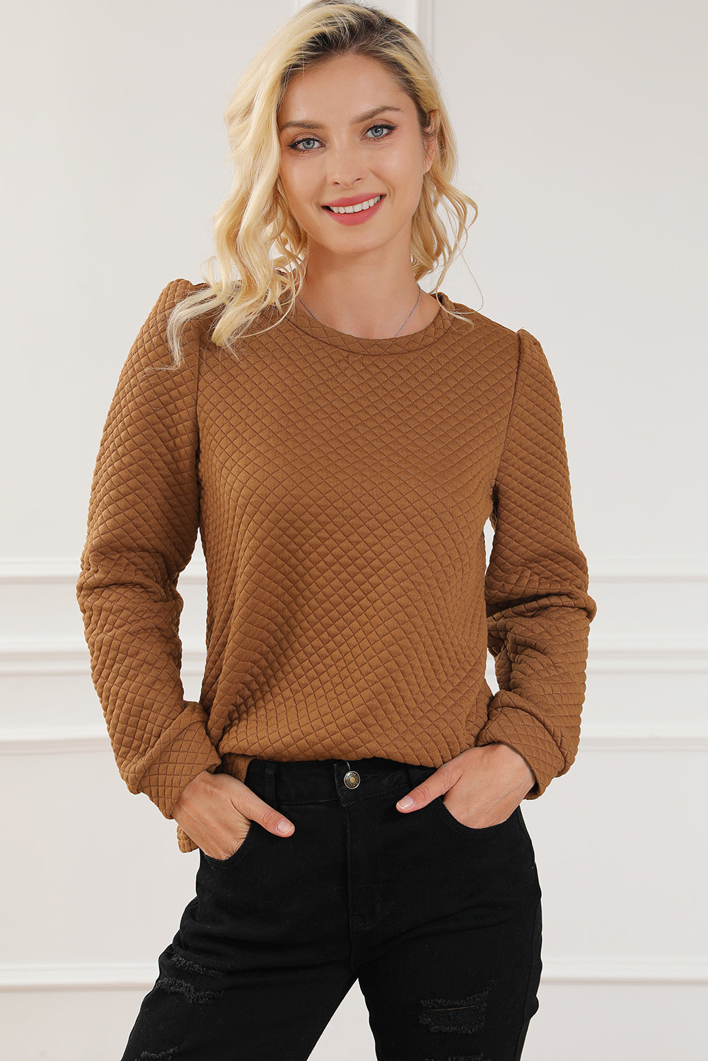 Apricot Quilted Buttoned Neckline Stand Neck Pullover Sweatshirt