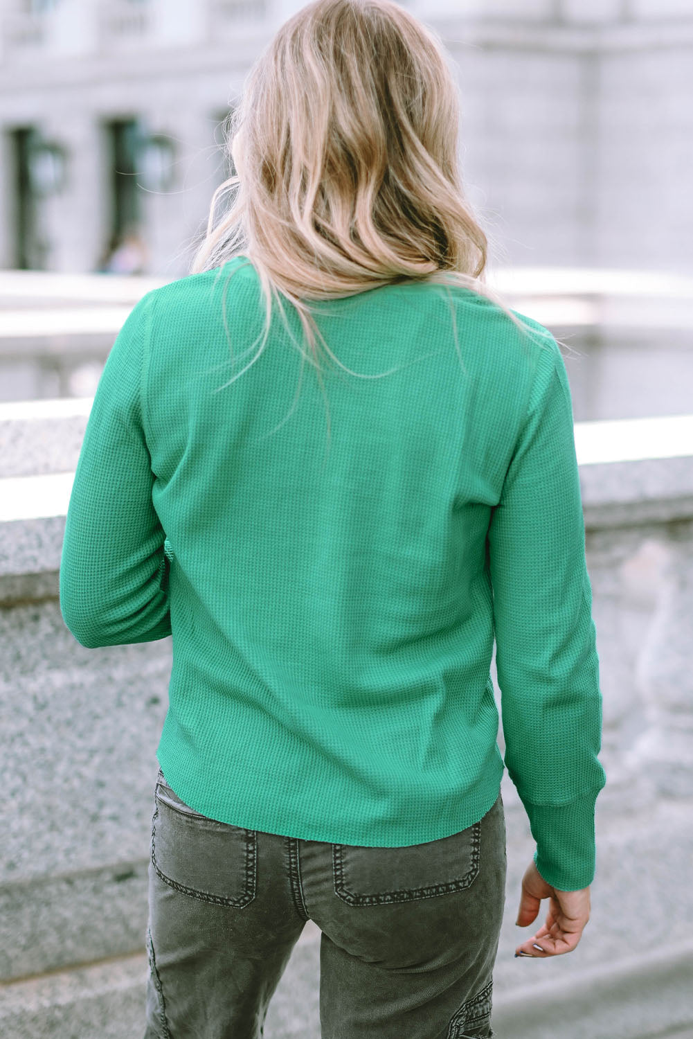 Gray Trimmed Neckline Waffle Knit Henley Top