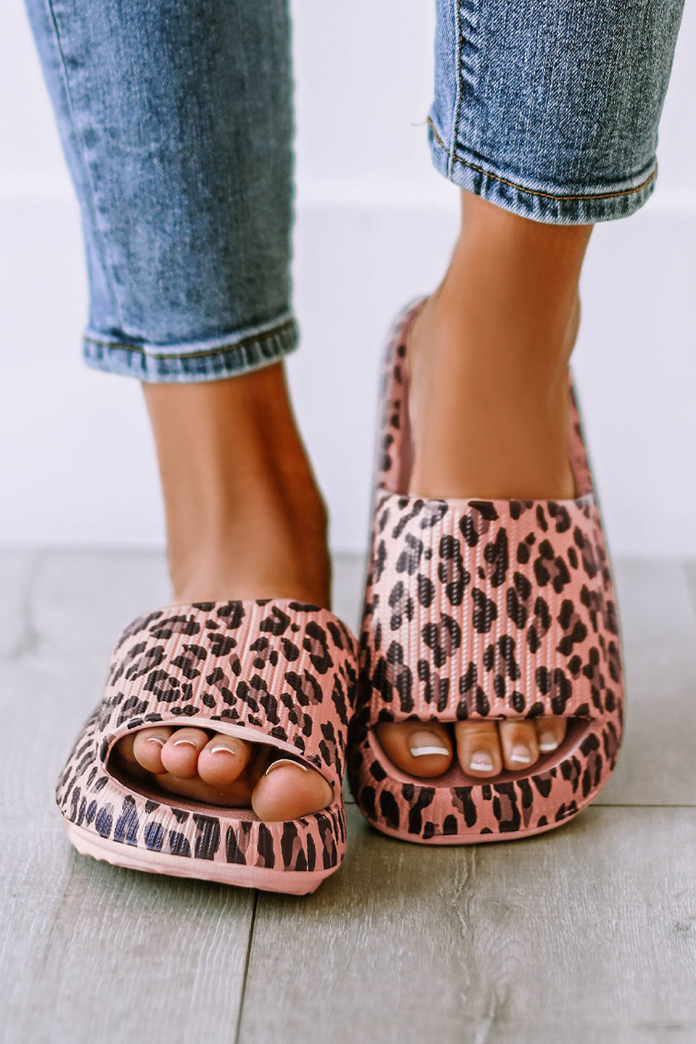 Pink Leopard Print Thick Sole Slip On Sandal