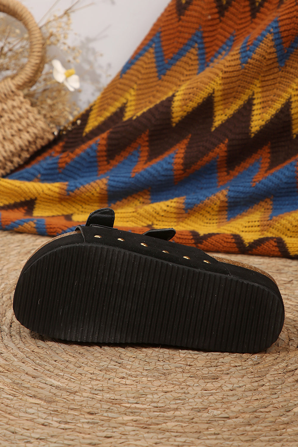 Black Suede Buckle Decor Footbed Sandal