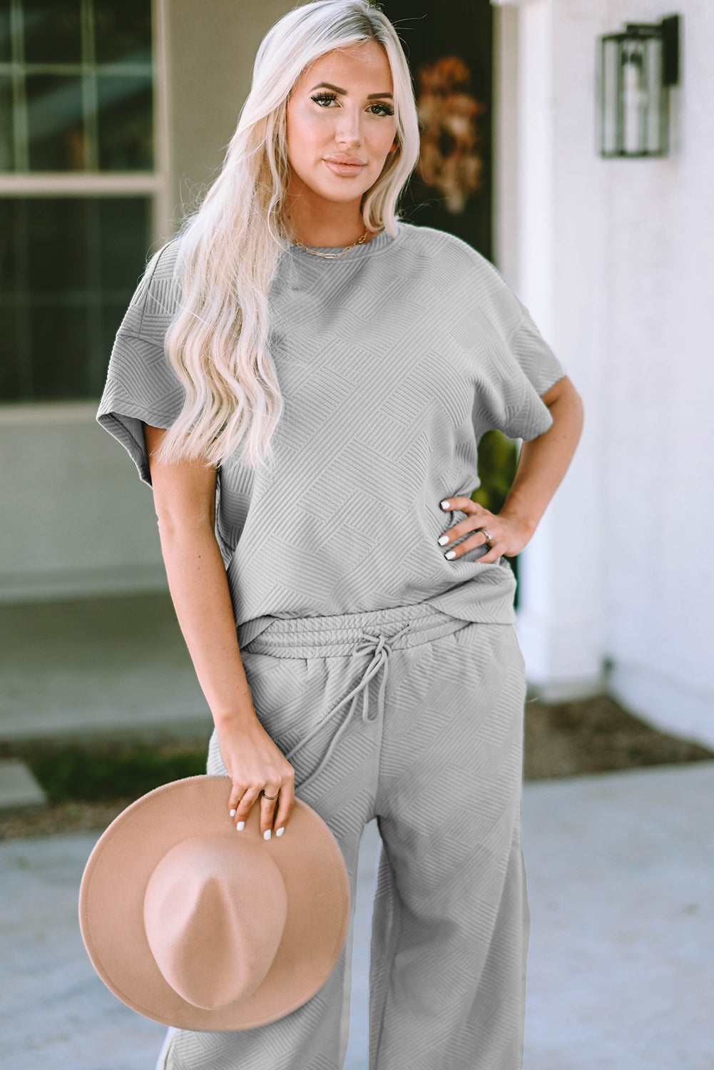 White Textured Long Sleeve Top and Drawstring Shorts Set