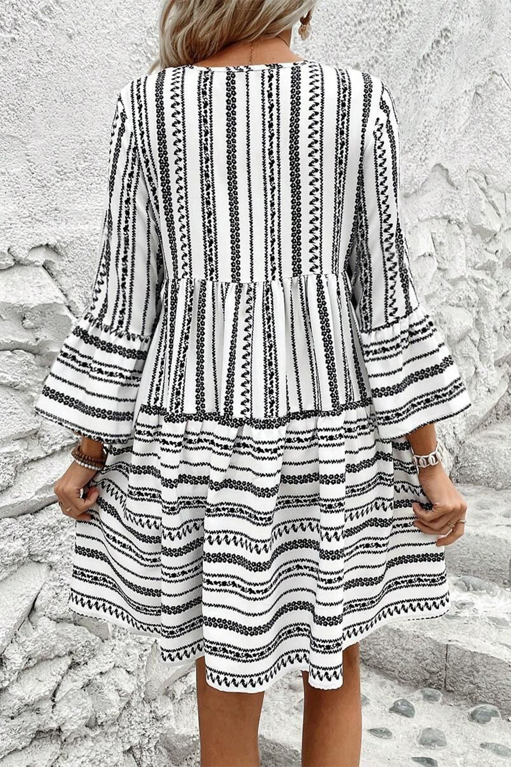 Striped Fringe Tie Neck Bell Sleeve V Neck Mini Dress