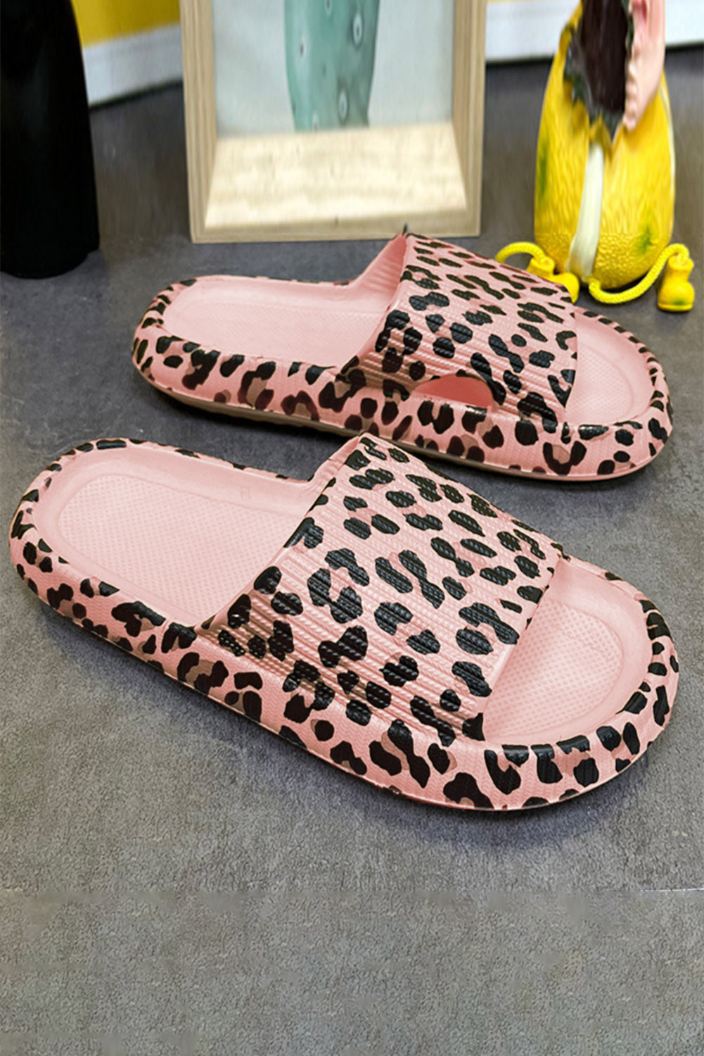 Pink Leopard Print Thick Sole Slip On Sandal