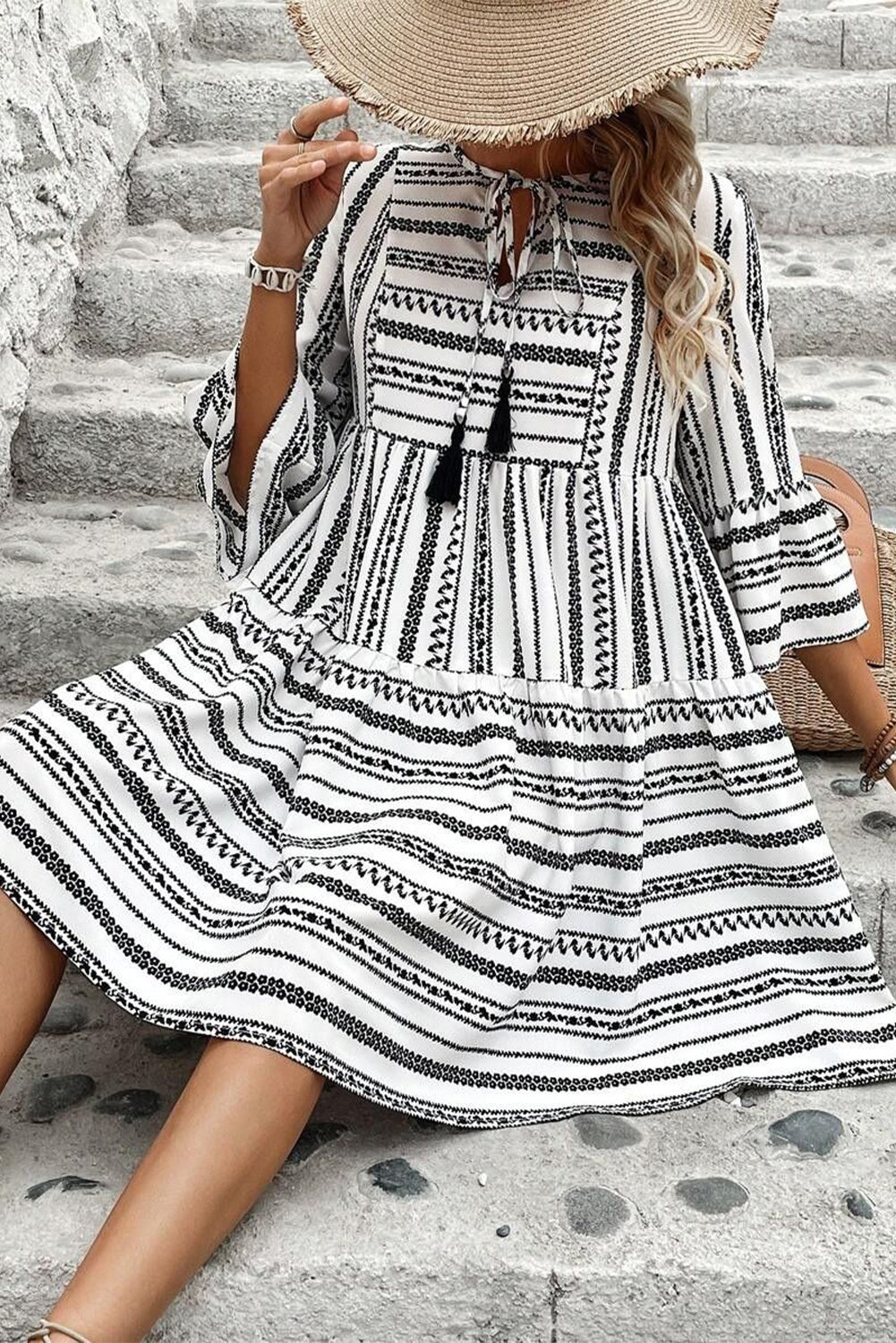 Striped Fringe Tie Neck Bell Sleeve V Neck Mini Dress