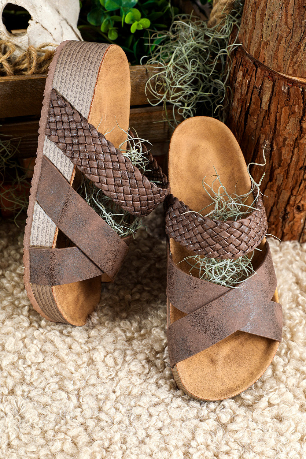 Brown Braided Detail Criss Cross Platform Sandal