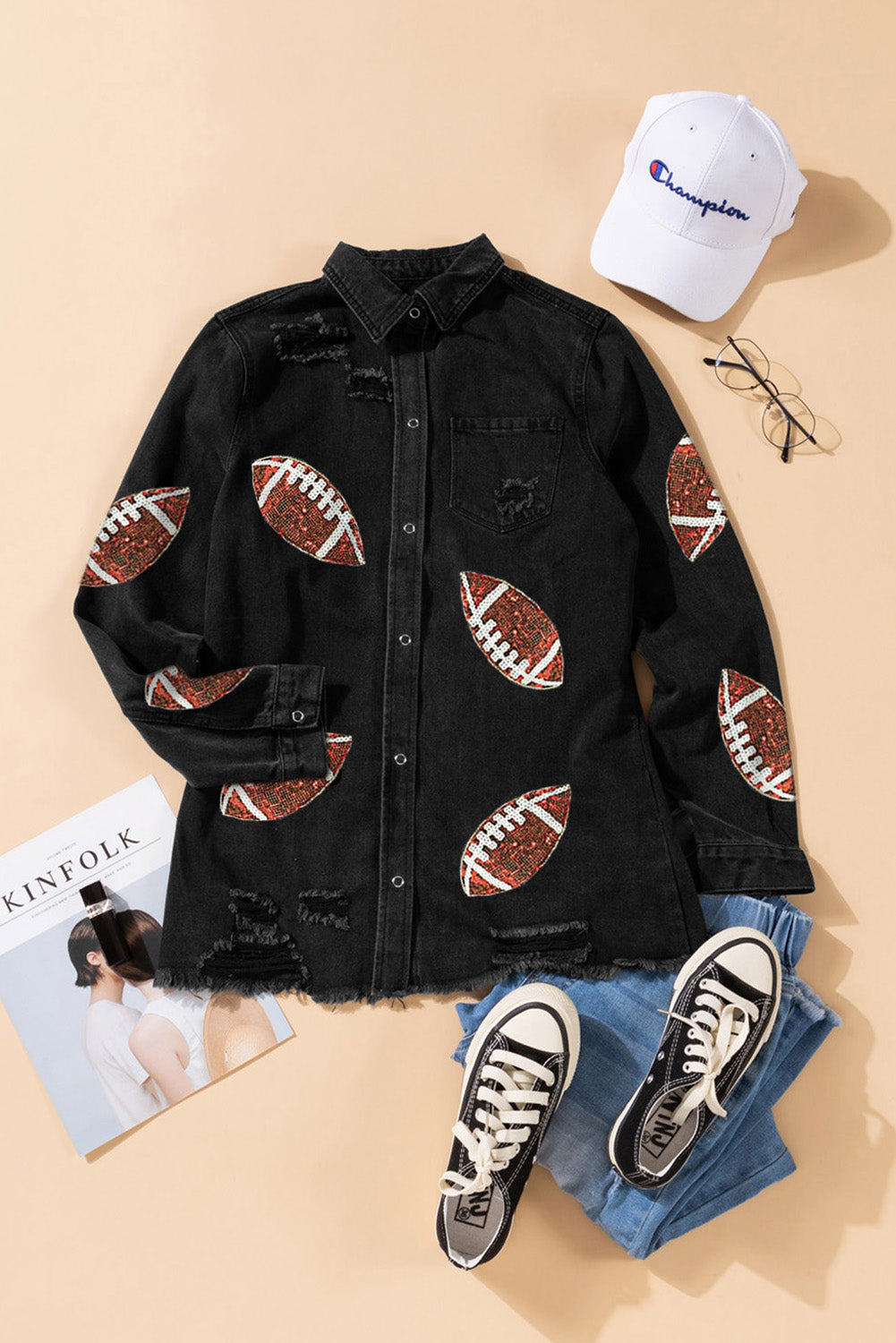 Beige Bubble Gum Texture Sequined Football Shacket