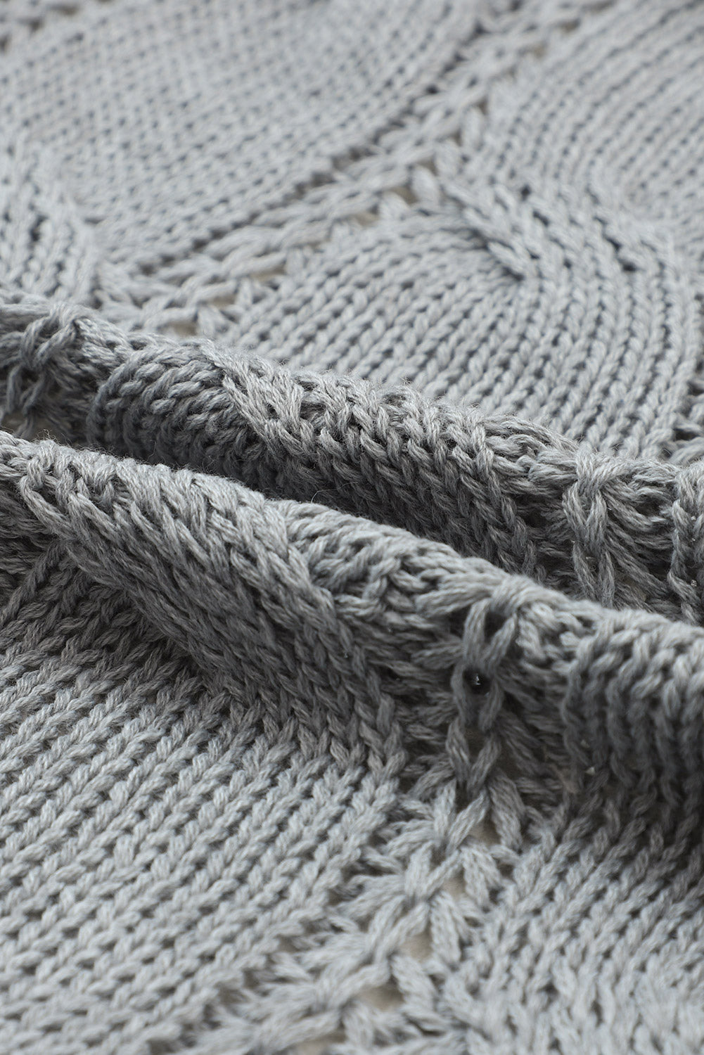 Gray Ribbed Trim Eyelet Cable Knit Cardigan