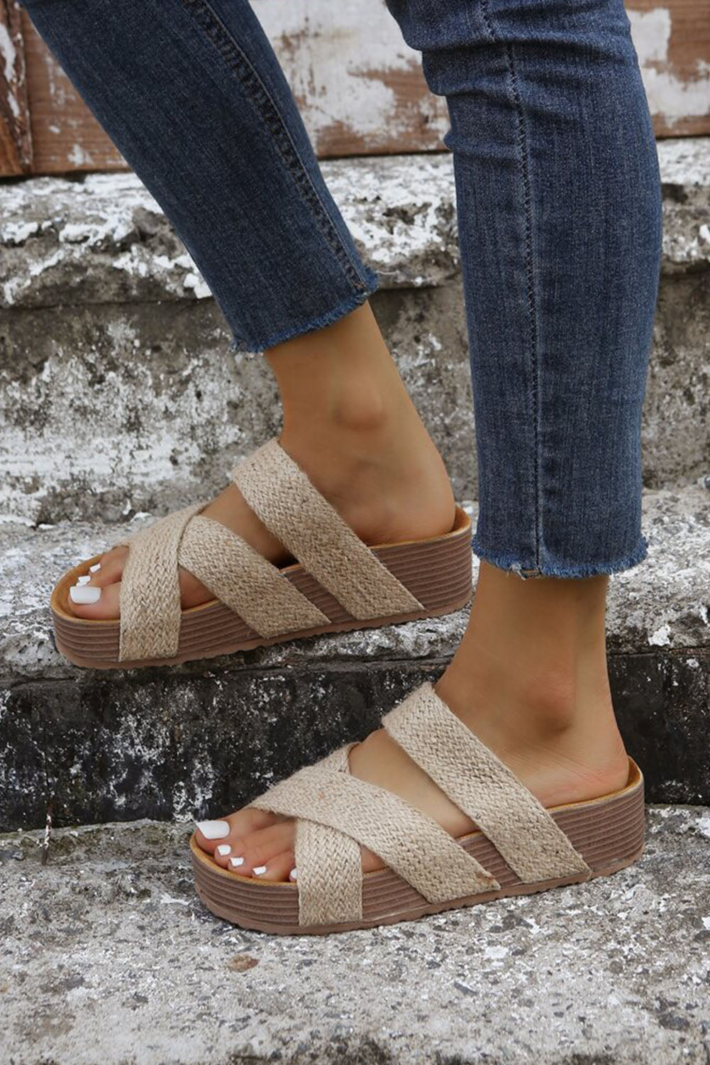 Beige Woven Cross Criss Hollowed Slip-On Sandal