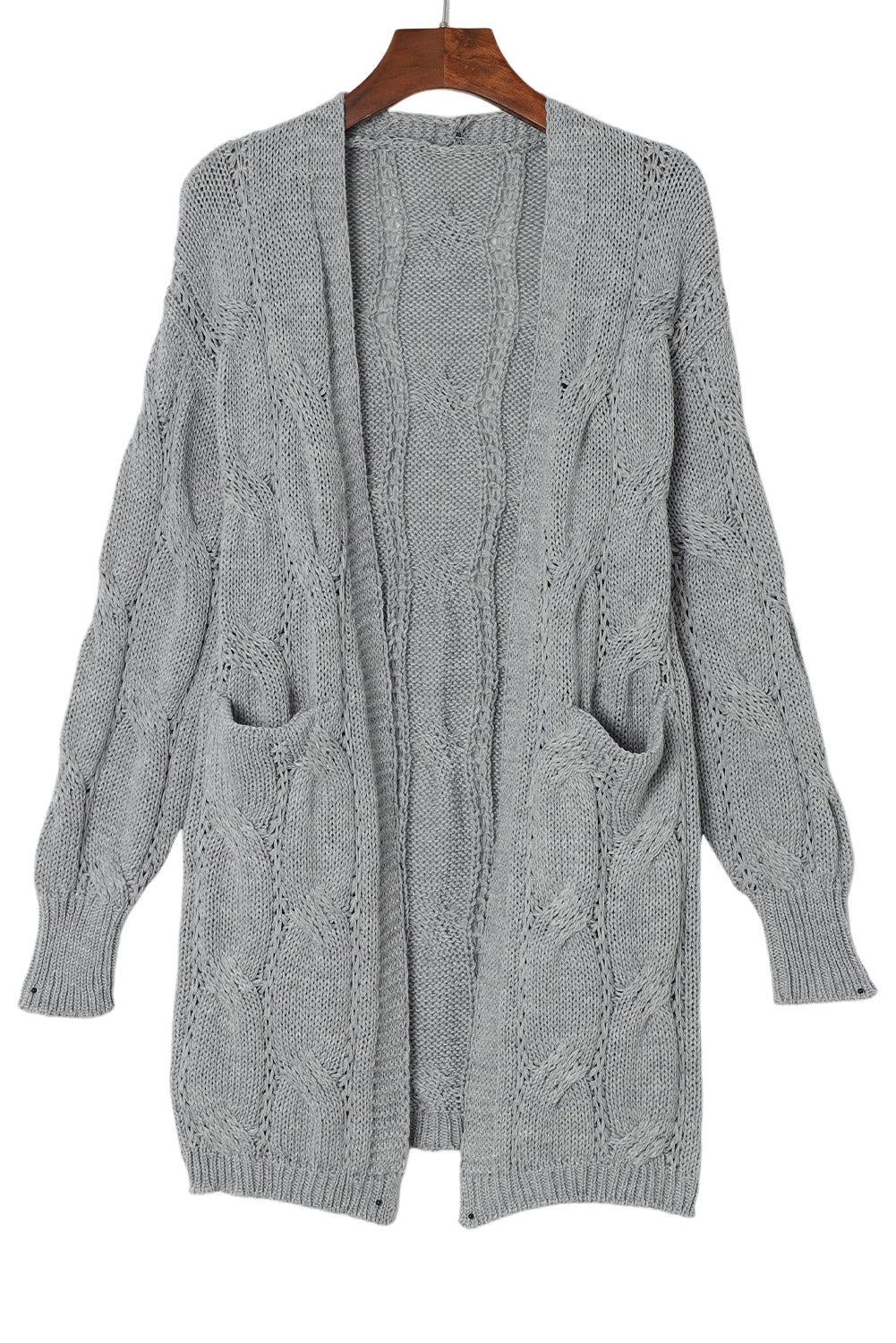 Gray Ribbed Trim Eyelet Cable Knit Cardigan