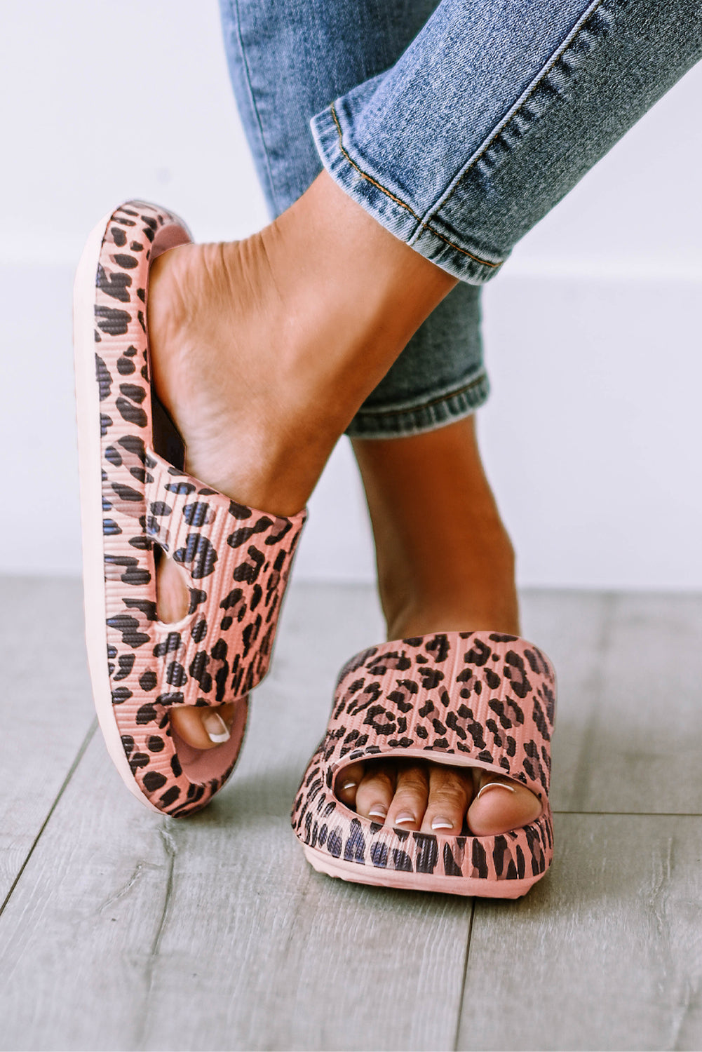 Pink Leopard Print Thick Sole Slip On Sandal