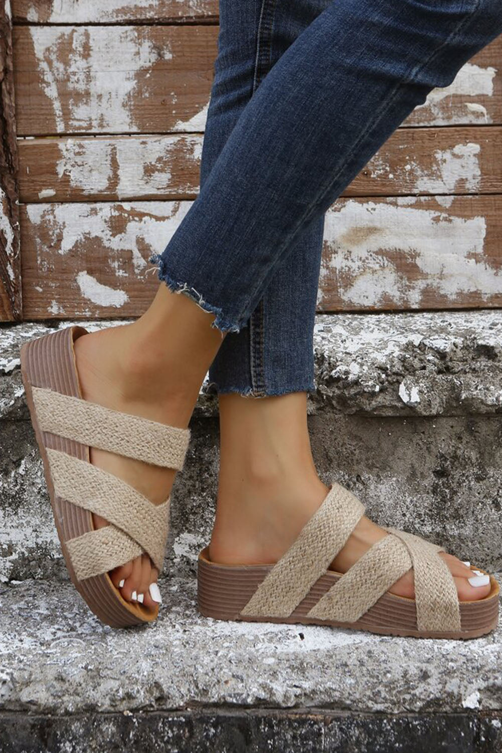 Beige Woven Cross Criss Hollowed Slip-On Sandal