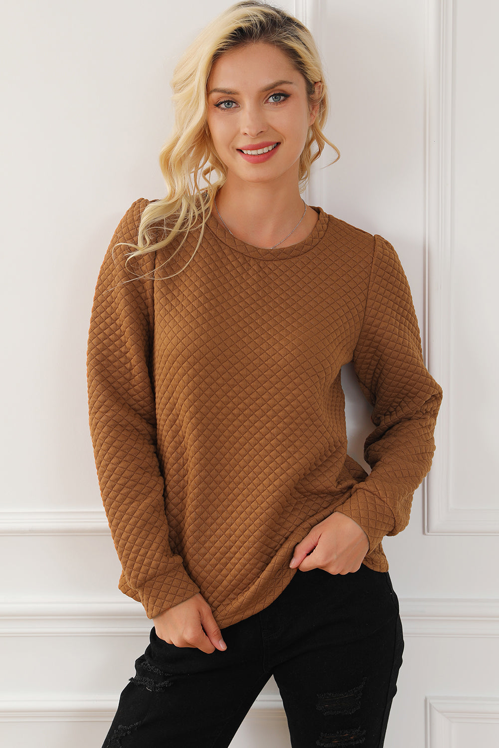Apricot Quilted Buttoned Neckline Stand Neck Pullover Sweatshirt