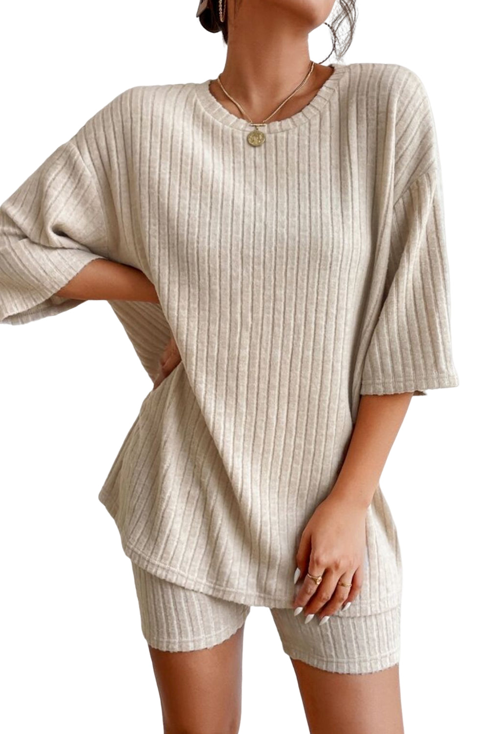 Ribbed Knit V Neck Slouchy Two-piece Outfit