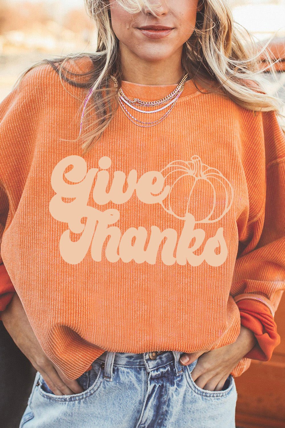Orange HELLO PUMPKIN Letter Graphic Corded Sweatshirt